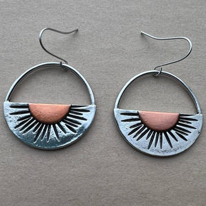 Sunburst Circle Dangle Earrings Silver and Copper Tones